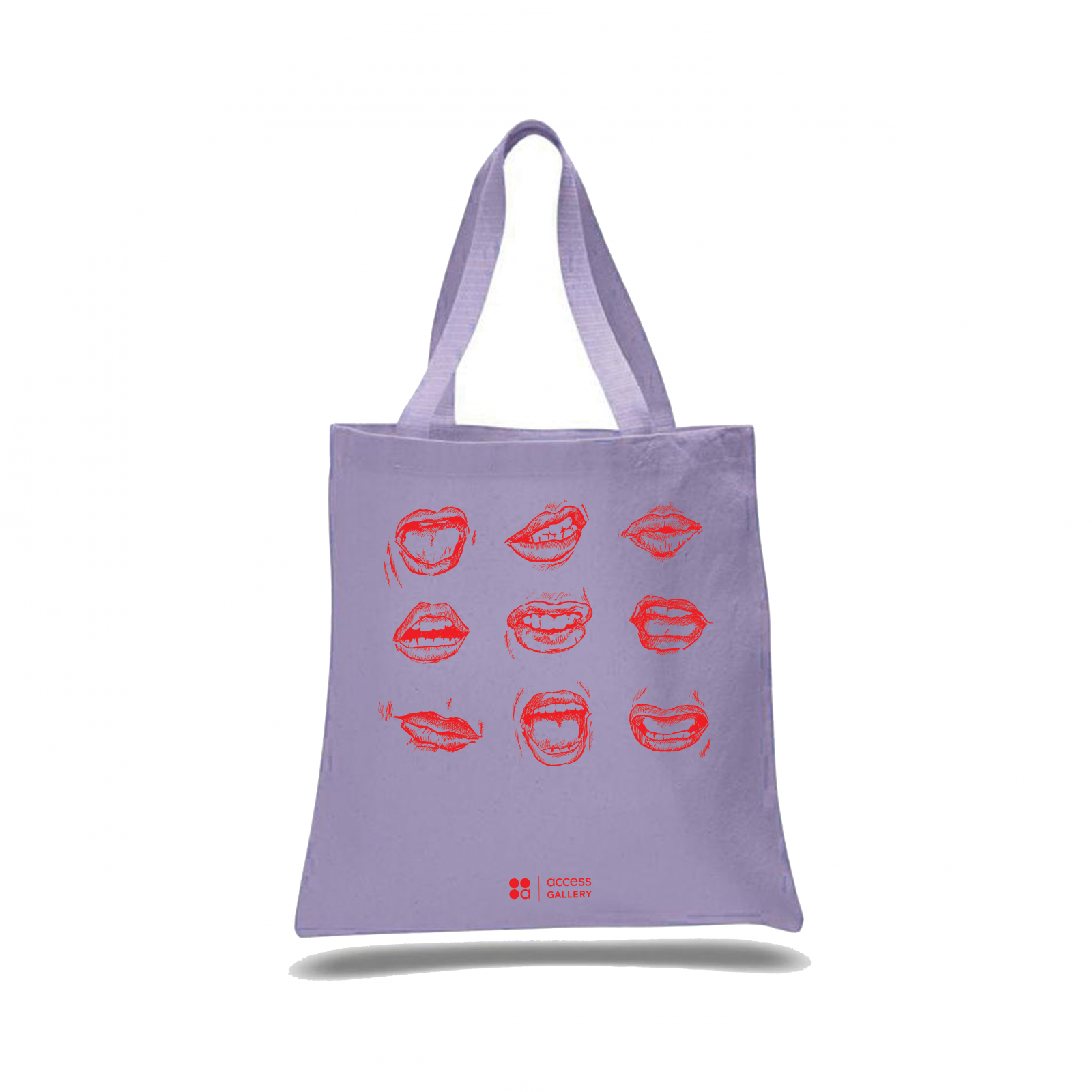 lavender tote bag with screen print of nine mouths in red