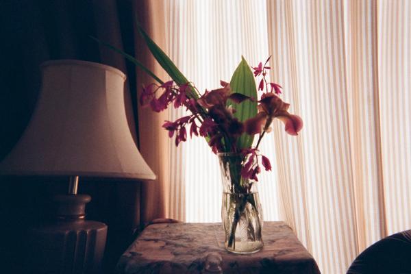 A vase of purple flowers sits on a small table covered in a floral table cloth. A table lamp with shade sits to the left in the image; the vase and table are in front of a window with a sheer, white, accordion-pleated curtain.