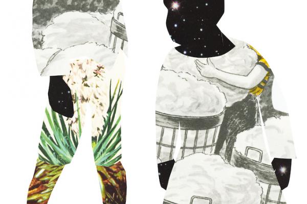 two figures collaged from various imagery, their faces made of galaxies