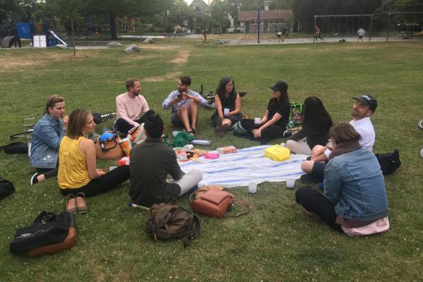 a group of people picnicking