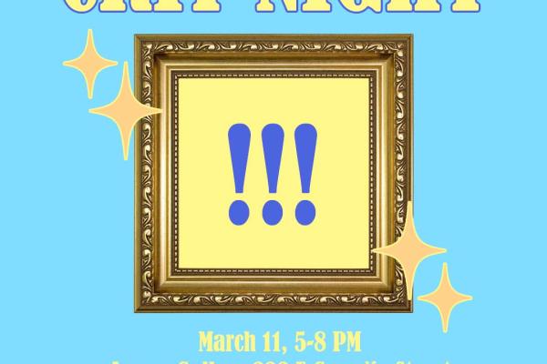 Light blue background with a yellow square "painting" of three blue exclamation marks, framed in an ornate gold frame. Text reads "Crit Night" at the top, and event details along the bottom, followed by "Gain insight from other members!"