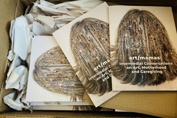 Image of cardboard box of books surrounded by newsprint. The cover of the image is a cream background with the back of a person’s head, made of collaged images, with title text in white overlaid.