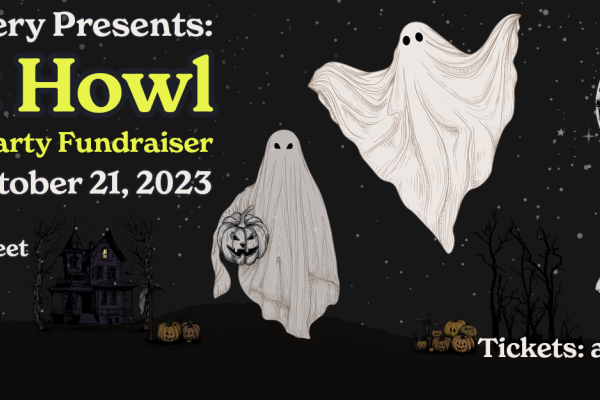 A spooky illustration of a black night sky with a full moon and three floating sheet ghosts. Text is mostly in white and reads only key information from the event information. "Night Howl: A Halloween Party Fundraiser" is in an acid yellow, and so is the access logo at the bottom left of the image.