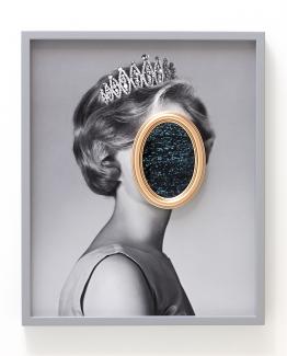 black and white photograph of a woman in a tiara with her face obscured by a video in an oval frame