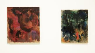 two oil paintings, one in red tones and one in green tones