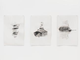 three abstract drawings in ink on paper, portrait orientation