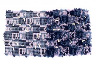 violet hooked rug with metal moons