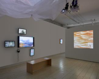 Three quarter installation view of gallery installation. On left wall is a four channel video installation of landscapes in vivid colour, on the right is a single projection of a carved blonde wood.