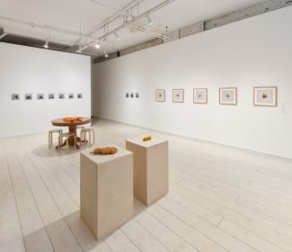 A three-quarter view of the gallery in which we can see two gallery walls, a kitchen table, and two plinths. To the left, we see a row of seven small black and white photos, unframed. On the right, we see three more of the same, and a row of five framed photographs of hankerchiefs. In the centre of the room, there is a kitchen table, on which lay two Bojagi (traditional Korean wrapping cloths) and a number of tangerines. to the right, two low birch plinths, on which there are two nets filled with tangerines