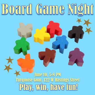 Infographic for a Member's event! It reads "Board Game Night! June 10, 5-8 PM. Turquoise Goat, 122 W Hastings Street. Play, win, have fun!" The text is yellow with a dark blue edge, it lies on a light blue background. In the middle of the graphic are maples of many colours.