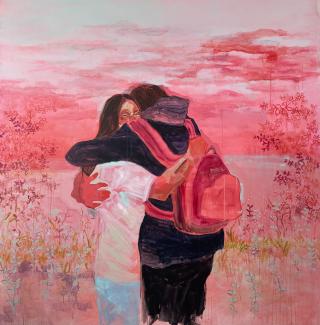 A painting of two people embracing. The figure with their back towards the viewer has a pink backpack on, they are taller than the person facing towards us. The figure facing towards teh view has dark hair and a white shirt. A red hand wraps around them lovingly. The background is slightly abstract but suggests clouds and prairie landscapes. It is mostly pink and red.