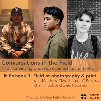 An image composed of the artists' head shots with text announcing the podcast and first episode. The first head shot is of Matthew Provost, he is wearing a New York Yankees hat, a flannel shirt, and a beaded medallion. He is sitting in a stairwell. The second head shot is of Khim Hipol, we see the left side of his face andhe is looking beyond the camera. He is wearing a green shirt. The third head shot is of Evan Robinson, this photo is black and white, he is standing in front of a brick wall. The overlayin