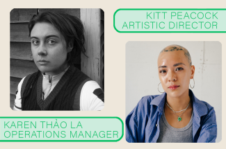 Image depicting a black-and-white headshot of new artistic director Kitt Peacock on the left, and a colour headshot of new operations manager Karen Thao La on the right.