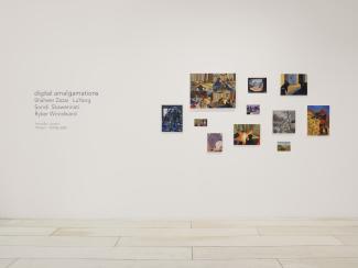 Art gallery wall displaying diverse, colourful digital artworks. Text on the left reads "digital amalgamations" with artist names and exhibition dates. There are 11 paintings displayed on the right side of the wall text.