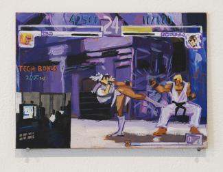 A vibrant painting depicts a retro fighting game scene with two characters: one performing a high kick and the other ready to block. The background is an intense purple with pixelated game graphics indicating scores and bonuses.