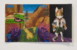 Colourful painting divided into two scenes. Left: landscape with cliff, spikes, and creature. Right: anthropomorphic fox character on black background featuring vibrant and dynamic colours.
