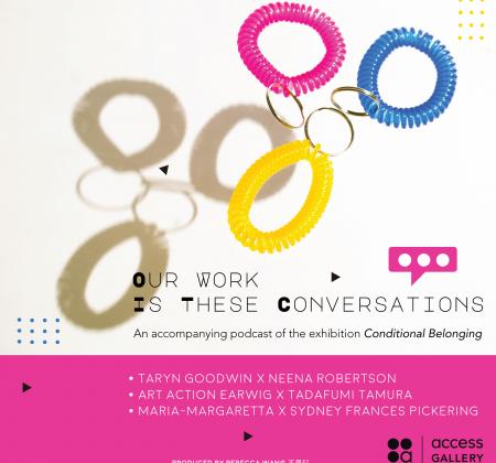 An image of three colourful keychains and their shadows with play buttons scattered around. In the bottom there is the text "Our Work Is These Conversations," next to which is a speech bubble. In a fuchsia recutangular area below the image, there are the artists' and facilitator's names and logo of Access Gallery.