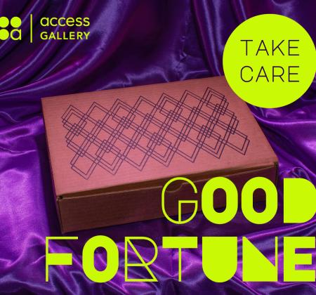 An image of a cardboard box screen-printed with a diamond design, against a purple satin background. Overlayed on top of the image is graphic design in bright yellow-green. Top right reads Take Care in larger circle. Bottom right stylized text reads Good Fortune. Top left is Access Gallery's logo.