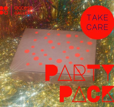 An image of a cardboard box screen-printed with a polkadot design, against a metallic streamer background. Overlayed on top of the image is graphic design in bright orangey-red. Top right reads Take Care in larger circle. Bottom right stylized text reads Party Pack. Top left is Access Gallery's logo.